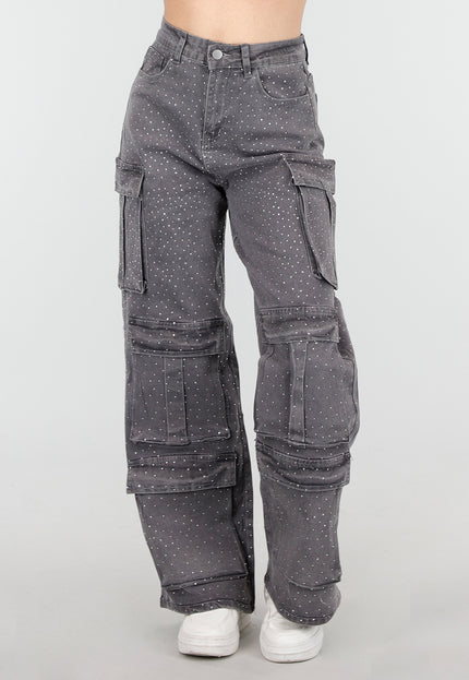 NEW180226 Grijze Cargo Broek met Strass Steentjes