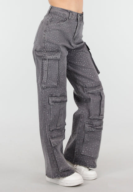 NEW180226 Grijze Cargo Broek met Strass Steentjes