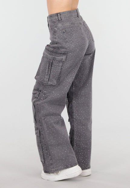 NEW180226 Grijze Cargo Broek met Strass Steentjes