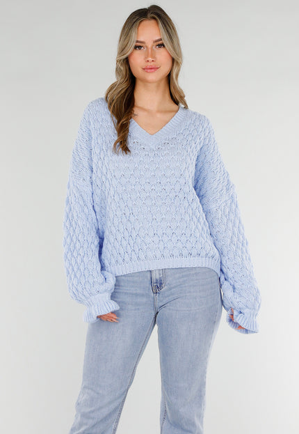 NEW180226 Lichtblauwe Gebreide Trui met V-Hals