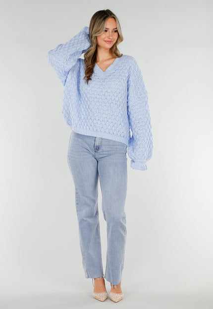 NEW180226 Lichtblauwe Gebreide Trui met V-Hals