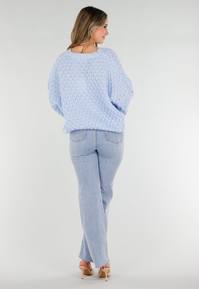 NEW180226 Lichtblauwe Gebreide Trui met V-Hals