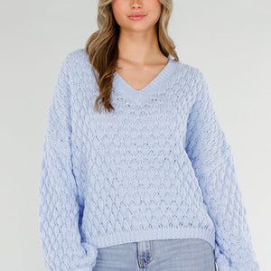 NEW180226 Lichtblauwe Gebreide Trui met V-Hals