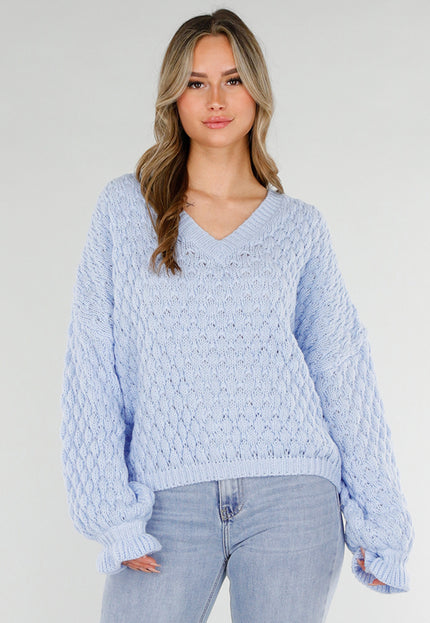 NEW180226 Lichtblauwe Gebreide Trui met V-Hals
