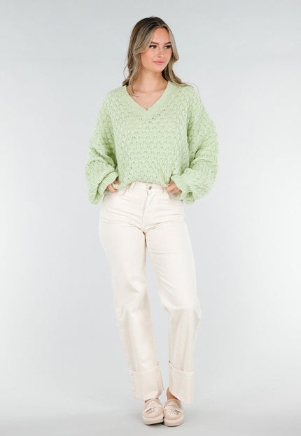 NEW180226 Lichtgroene Gebreide Trui met V-Hals