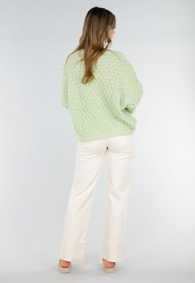 NEW180226 Lichtgroene Gebreide Trui met V-Hals