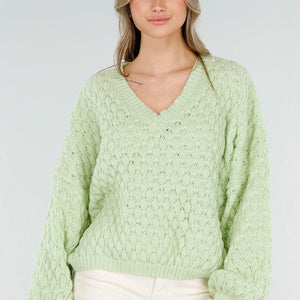 NEW180226 Lichtgroene Gebreide Trui met V-Hals
