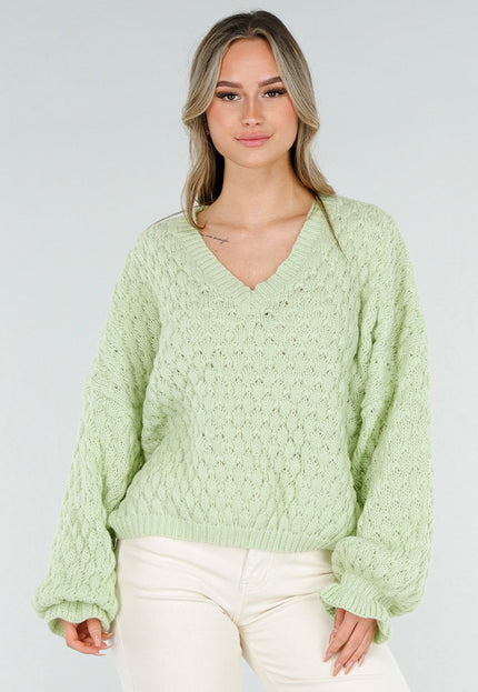 NEW180226 Lichtgroene Gebreide Trui met V-Hals