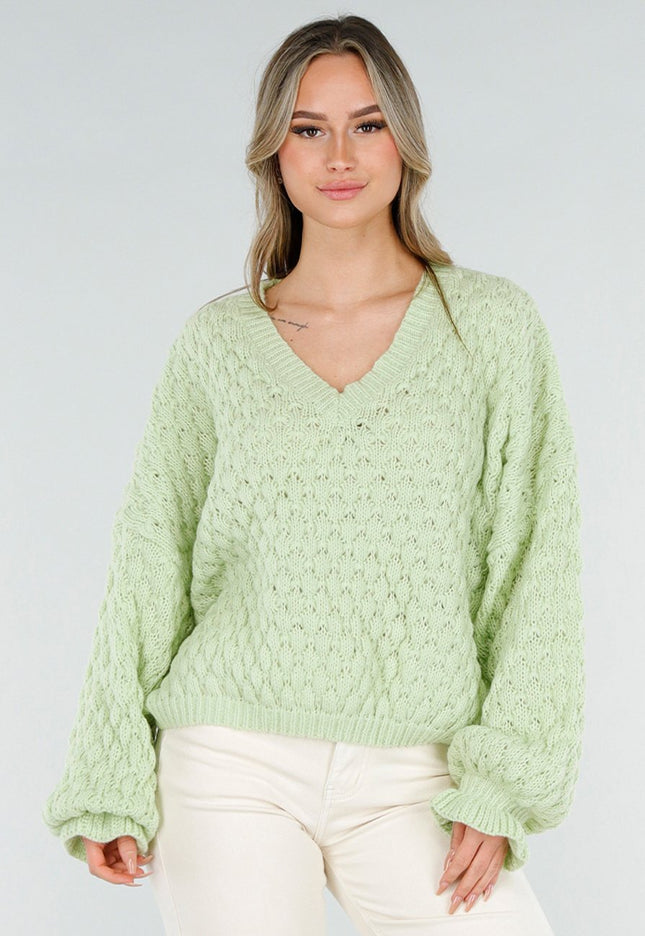 NEW180226 Lichtgroene Gebreide Trui met V-Hals