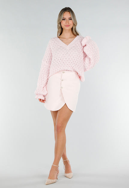 NEW180226 Lichtroze Gebreide Trui met V-Hals