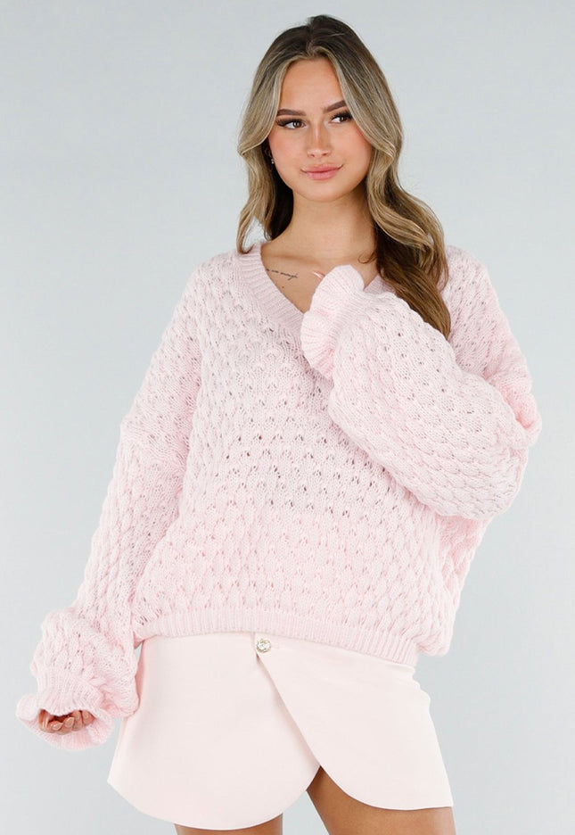 NEW180226 Lichtroze Gebreide Trui met V-Hals