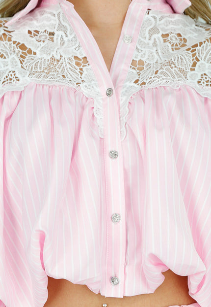 NEW180226 Roze Blouse met Kant en Strepen