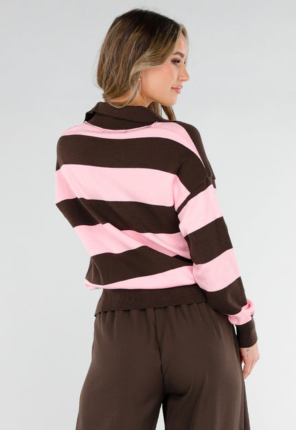 NEW180226 Roze en Bruin Gestreepte Polo Trui