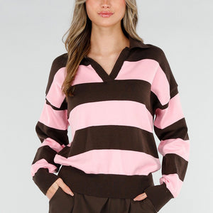 NEW180226 Roze en Bruin Gestreepte Polo Trui