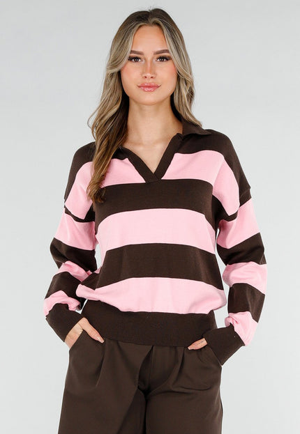 NEW180226 Roze en Bruin Gestreepte Polo Trui