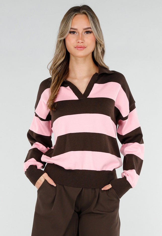 NEW180226 Roze en Bruin Gestreepte Polo Trui