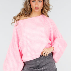NEW180226 Roze Gebreide Trui met Ballonmouwen