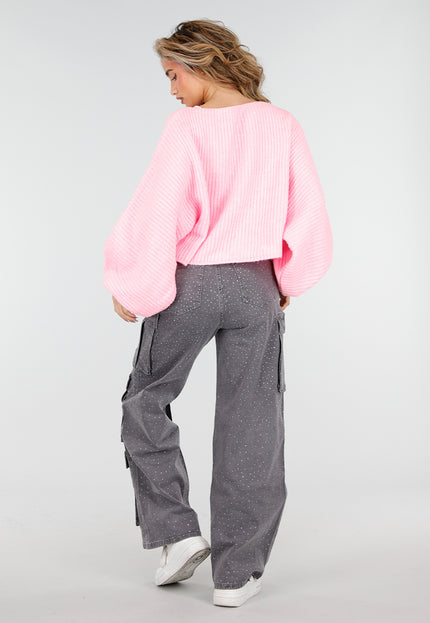 NEW180226 Roze Gebreide Trui met Ballonmouwen