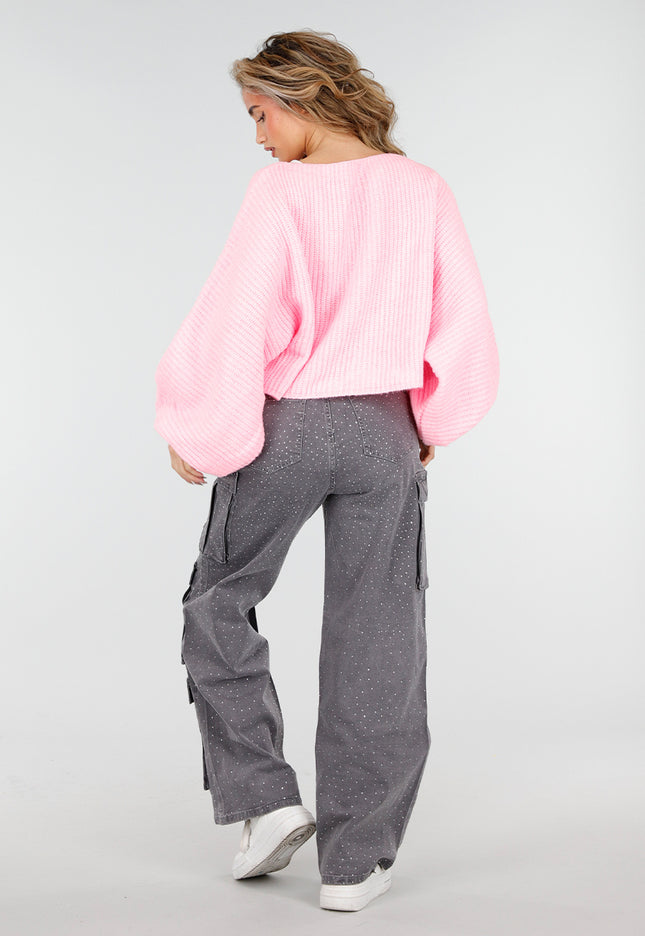 NEW180226 Roze Gebreide Trui met Ballonmouwen