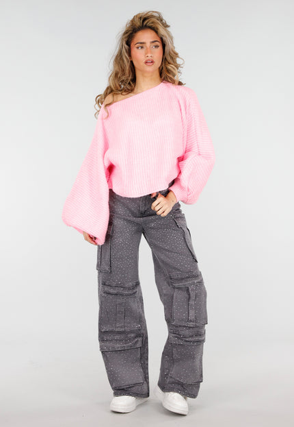 NEW180226 Roze Gebreide Trui met Ballonmouwen