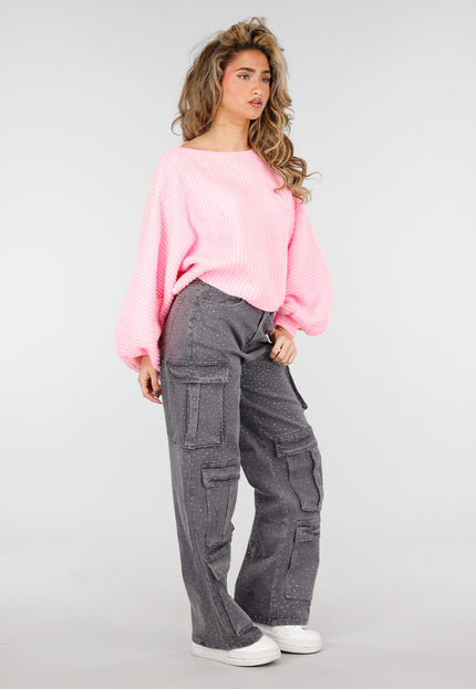 NEW180226 Roze Gebreide Trui met Ballonmouwen