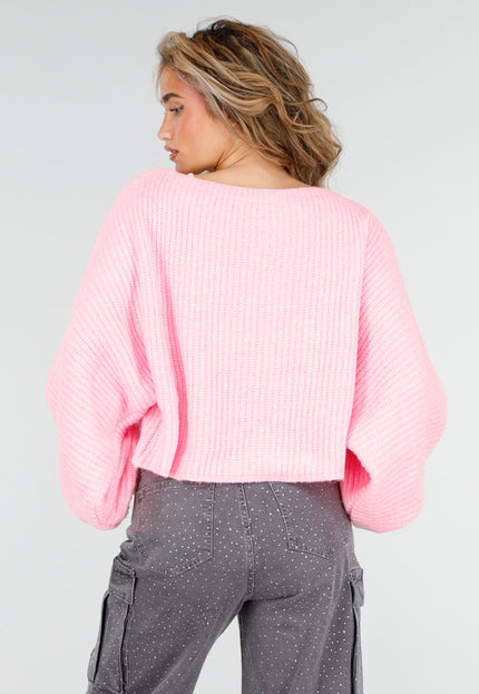 NEW180226 Roze Gebreide Trui met Ballonmouwen