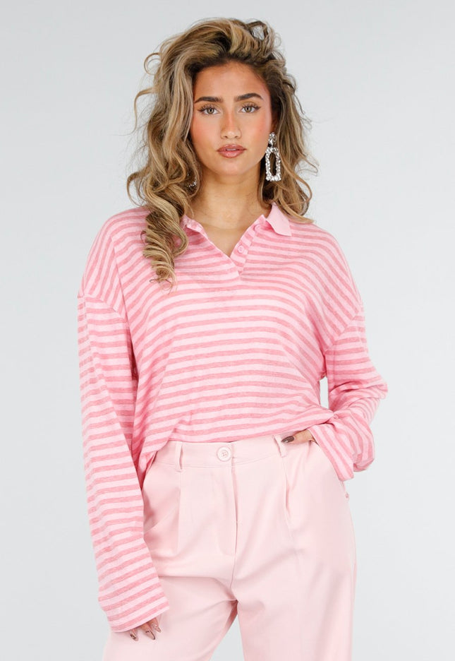 NEW180226 Roze Gestreepte Polo Longsleeve