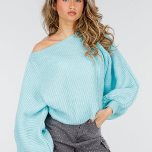 NEW180226 Turquoise Trui met Wijde Mouwen