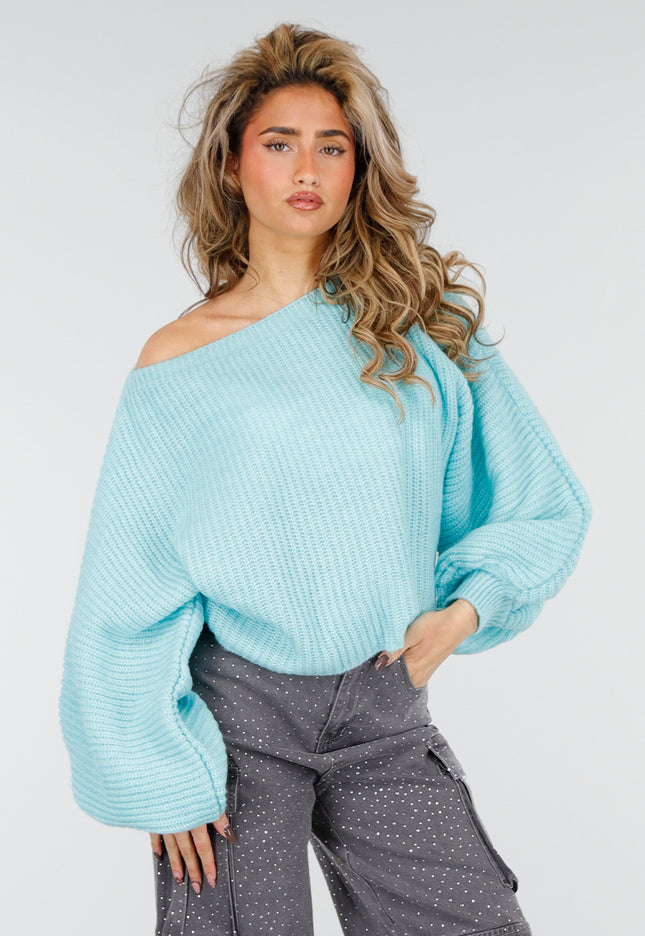 NEW180226 Turquoise Trui met Wijde Mouwen