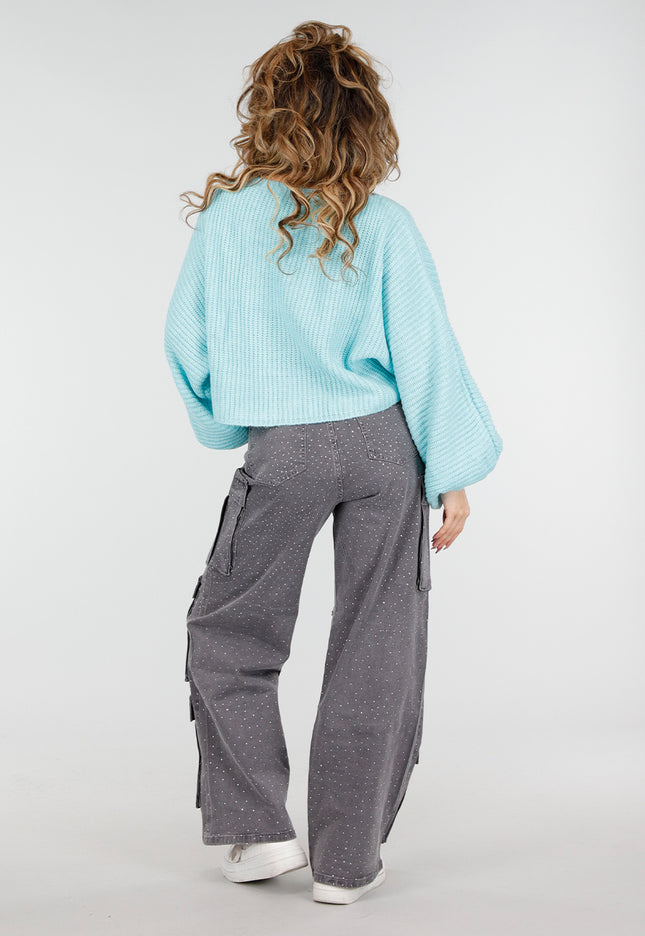 NEW180226 Turquoise Trui met Wijde Mouwen