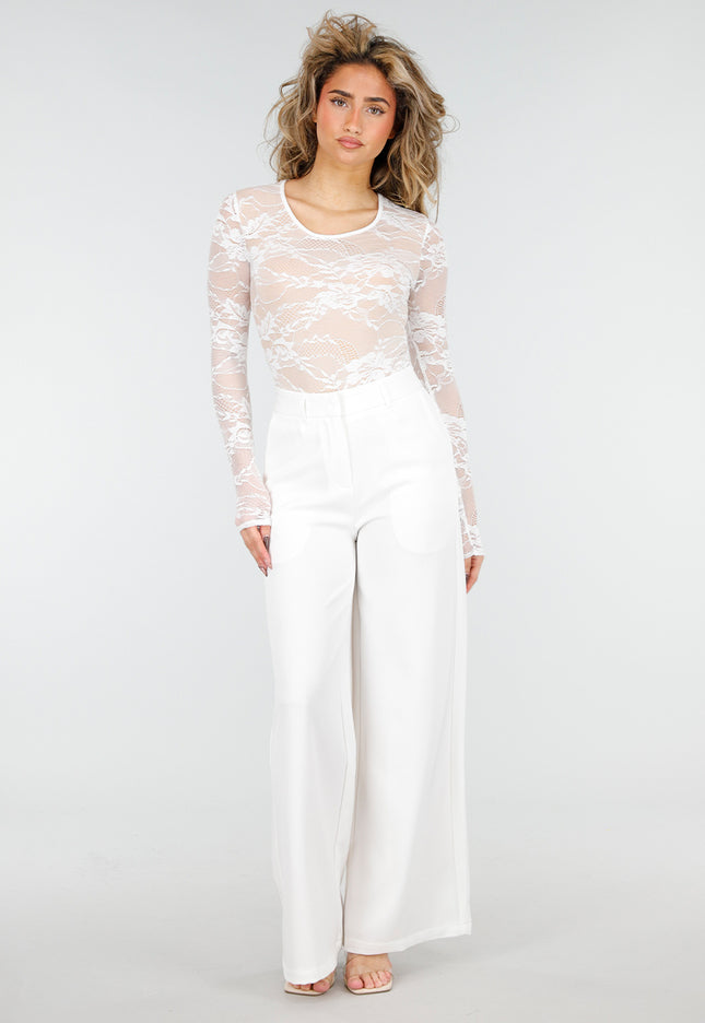 NEW180226 Witte High Waist Wide Leg Pantalon