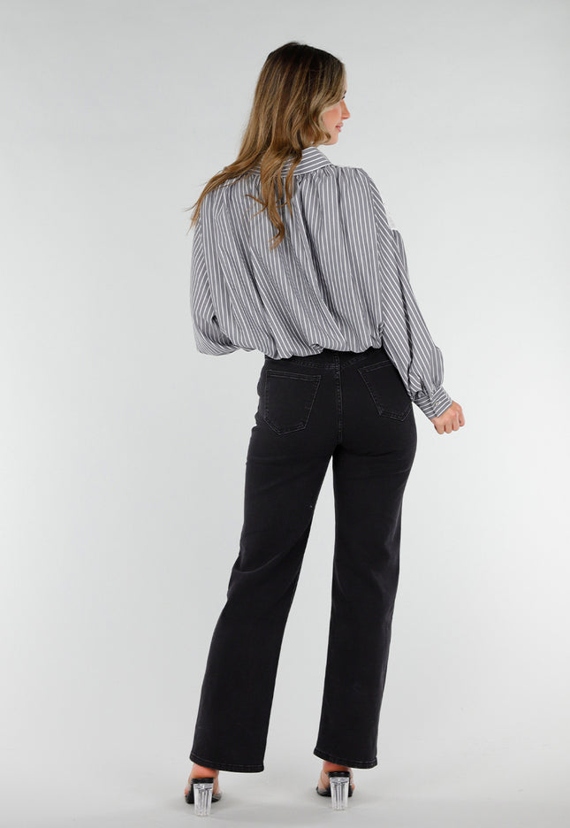 NEW180226 Zwart Gestreepte Blouse met Kant