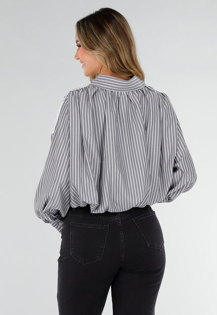 NEW180226 Zwart Gestreepte Blouse met Kant