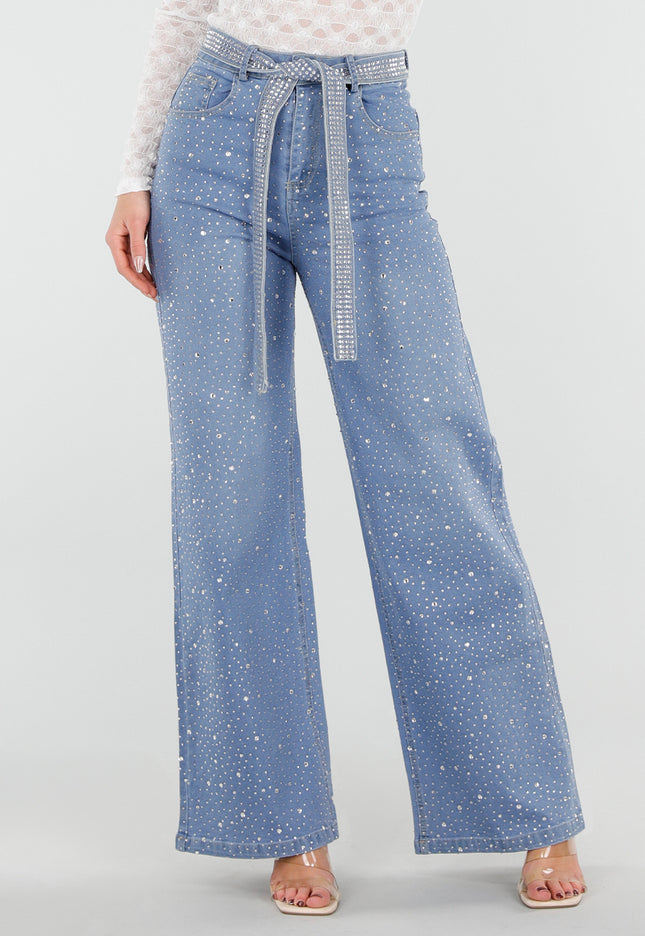 OP=OP.13.NL Blauwe Wide Leg Jeans met strass