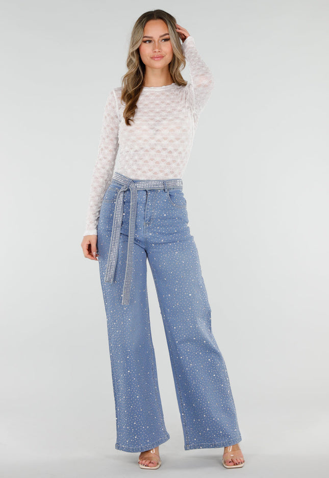 OP=OP.13.NL Blauwe Wide Leg Jeans met strass