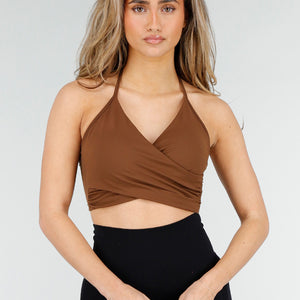NEW180326 Bruine Wrap Crop Top met Halterbandjes