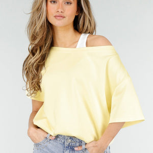 NEW180326 Butter Yellow One Shoulder Top met Ingewerkte Top