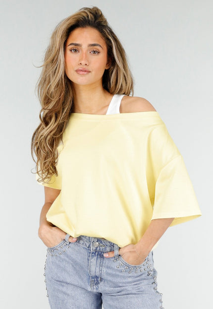 NEW180326 Butter Yellow One Shoulder Top met Ingewerkte Top
