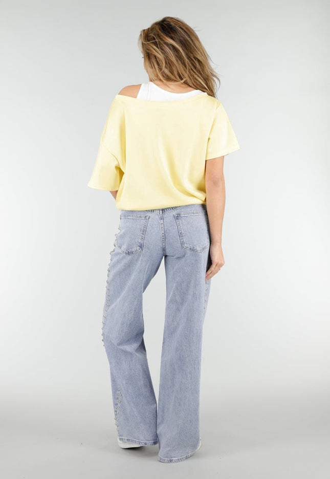 NEW180326 Butter Yellow One Shoulder Top met Ingewerkte Top