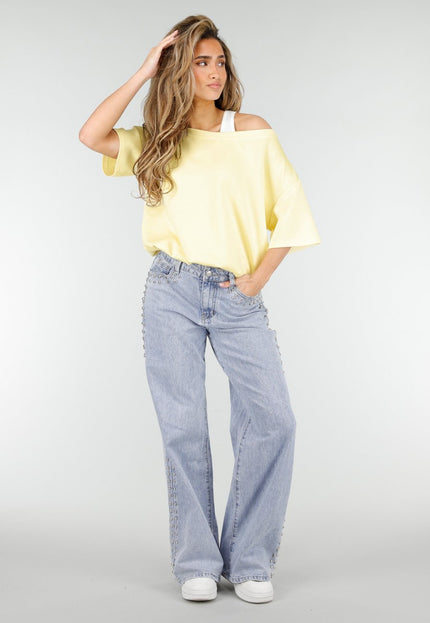 NEW180326 Butter Yellow One Shoulder Top met Ingewerkte Top