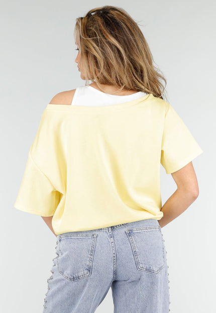 NEW180326 Butter Yellow One Shoulder Top met Ingewerkte Top