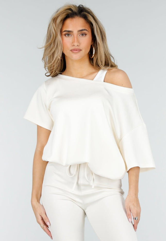 NEW180326 Crème One Shoulder Top met Ingewerkte Top