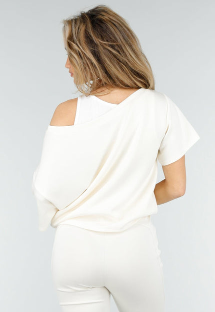NEW180326 Crème One Shoulder Top met Ingewerkte Top