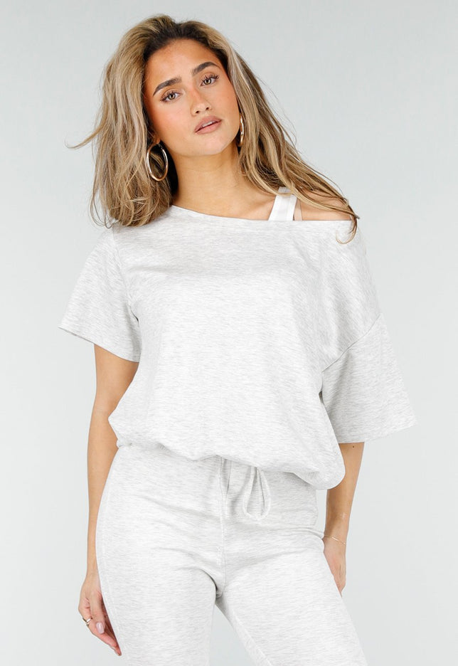 NEW180326 Grijze One Shoulder Top met Ingewerkte Top