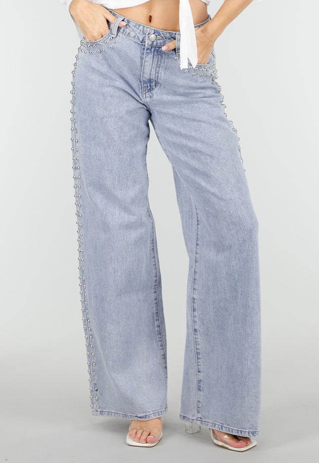NEW180326 Lichtblauwe Denim Wide Leg Jeans met Studs