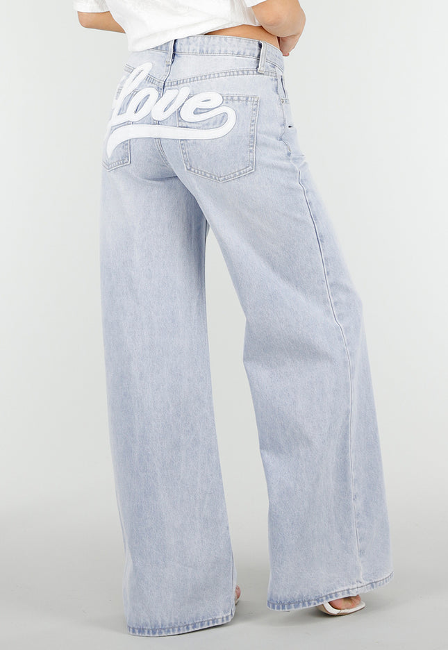 NEW180326 Lichtblauwe Love Wide Leg Jeans met Backprint