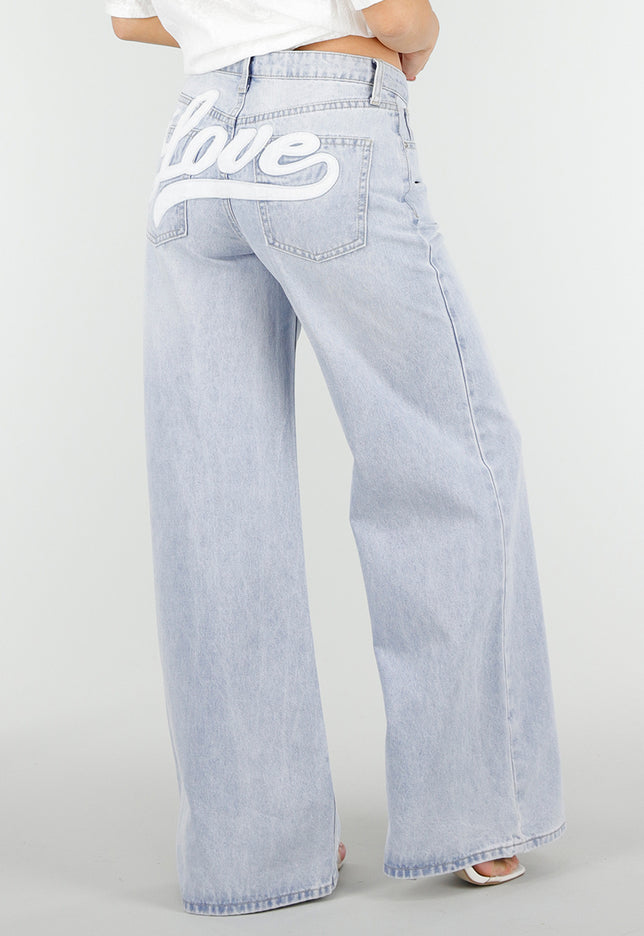 NEW180326 Lichtblauwe Love Wide Leg Jeans met Backprint