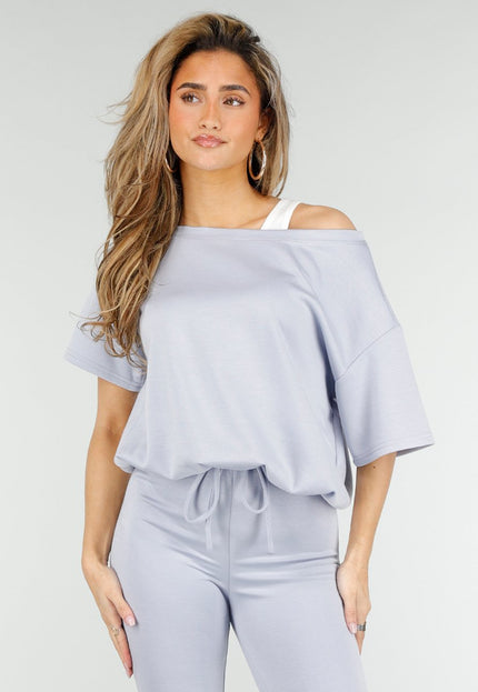 NEW180326 Lichtblauwe One Shoulder Top met Ingewerkte Top