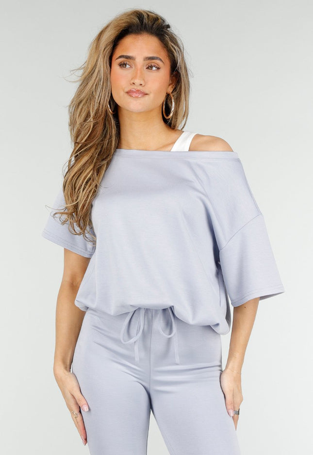 NEW180326 Lichtblauwe One Shoulder Top met Ingewerkte Top