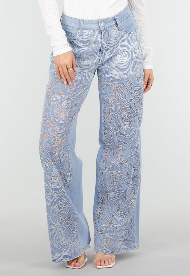 NEW180326 Lichtblauwe Wide Leg Jeans met Bloemenprint